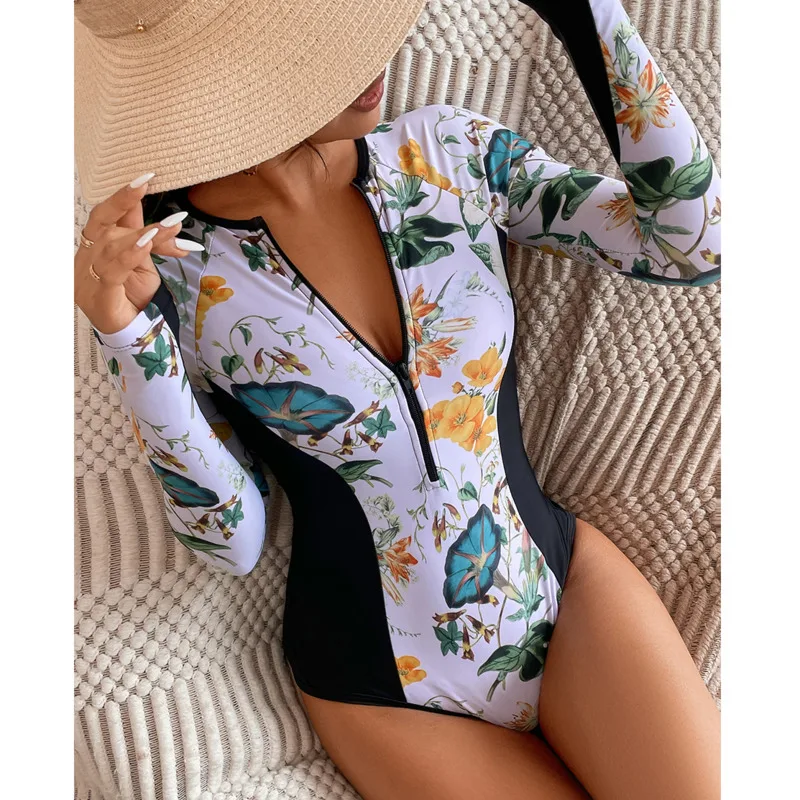 Summer Print Zipper One Piece Swimsuit Closed Long Sleeve Swimwear Sports Surfing Women's Swimming Bathing Suit Beach Bather