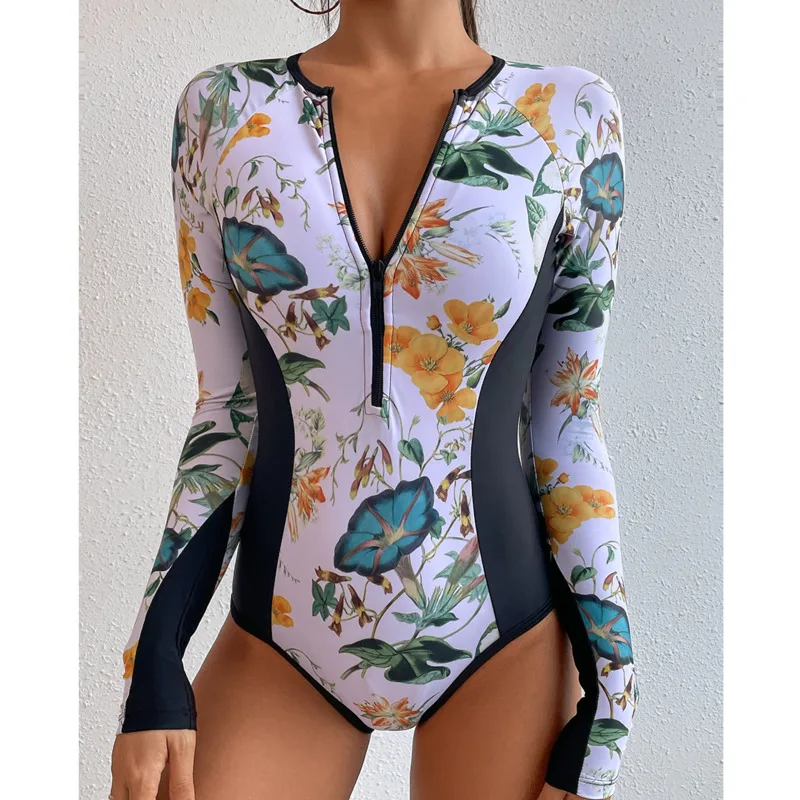 Summer Print Zipper One Piece Swimsuit Closed Long Sleeve Swimwear Sports Surfing Women's Swimming Bathing Suit Beach Bather