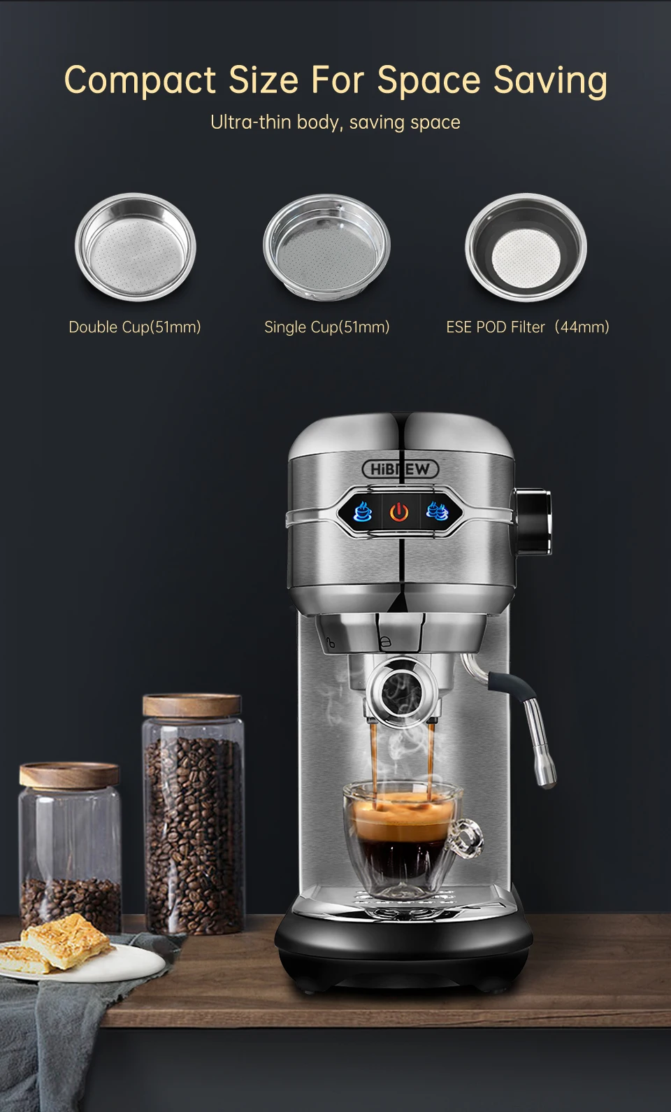 HiBREW Coffee Maker Cafetera 20 Bar Inox Semi Automatic Super Slim ESE POD& Powder Espresso Cappuccino Machine Hot Water H11
