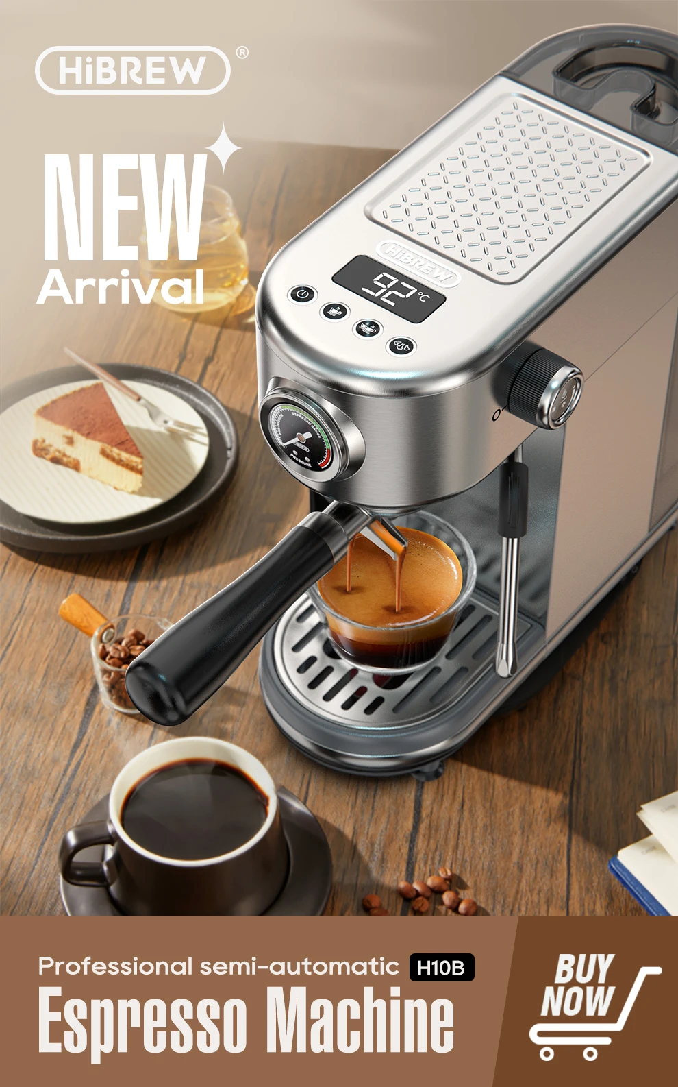HiBREW Coffee Maker Cafetera 20 Bar Inox Semi Automatic Super Slim ESE POD& Powder Espresso Cappuccino Machine Hot Water H11