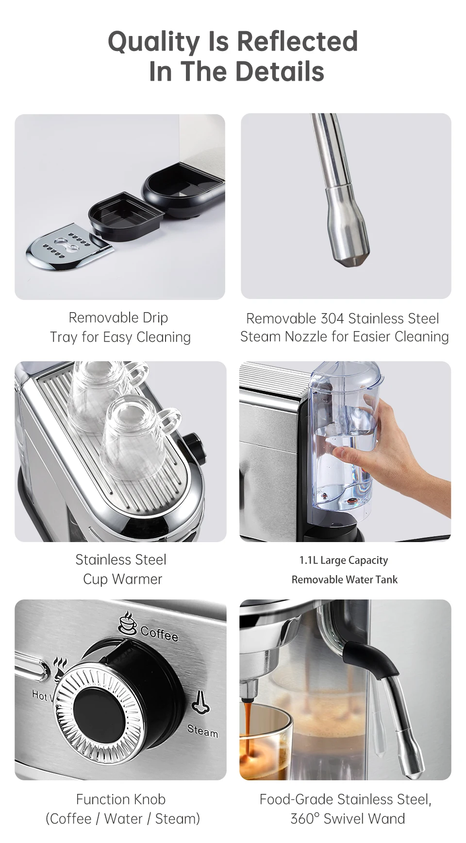 HiBREW Coffee Maker Cafetera 20 Bar Inox Semi Automatic Super Slim ESE POD& Powder Espresso Cappuccino Machine Hot Water H11