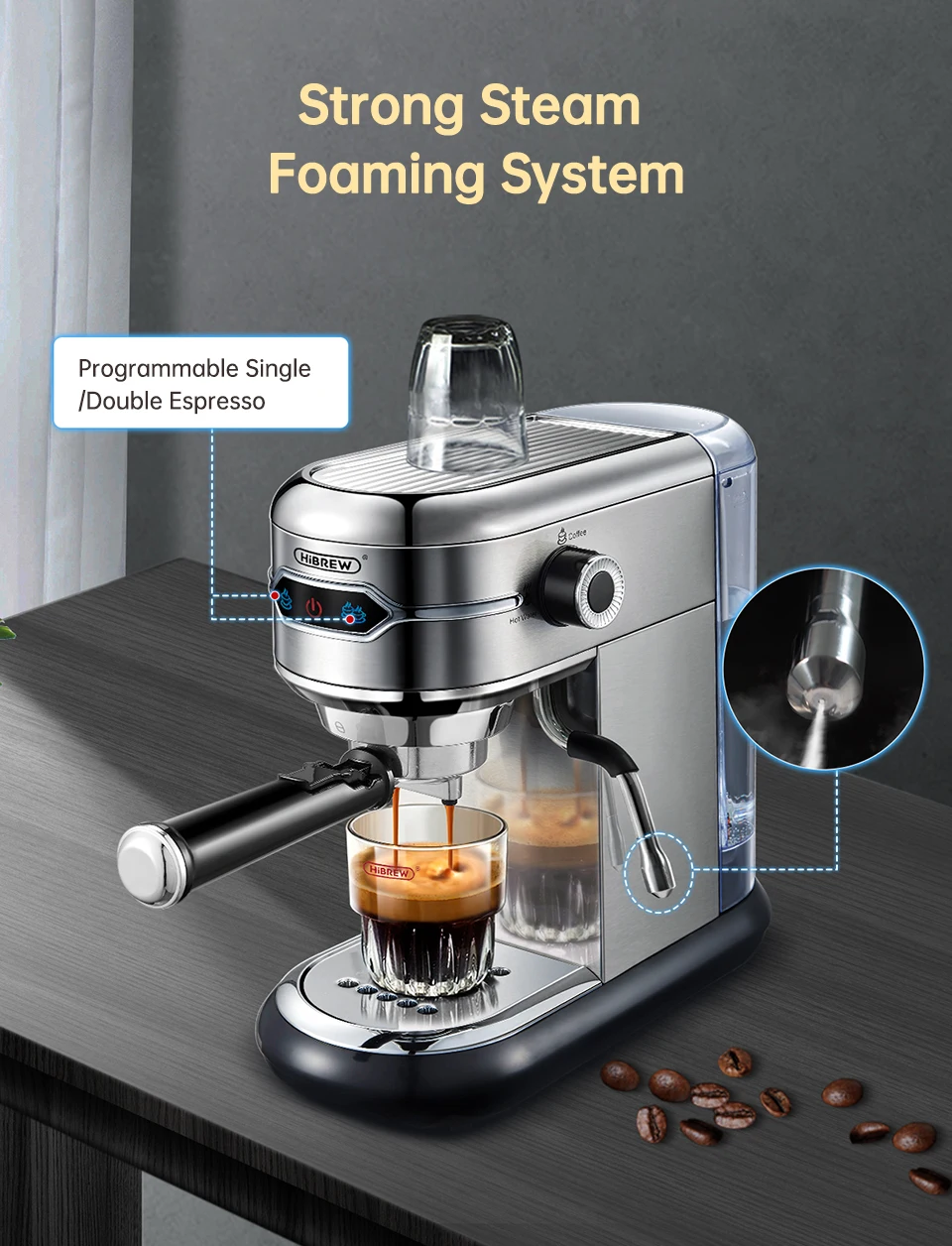 HiBREW Coffee Maker Cafetera 20 Bar Inox Semi Automatic Super Slim ESE POD& Powder Espresso Cappuccino Machine Hot Water H11