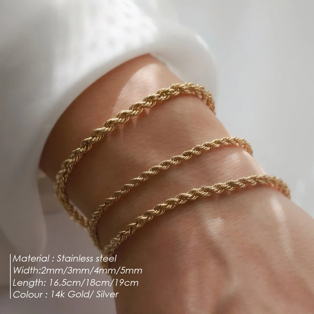 EMANCO Twisted Rope Chain Bracelet for Woman Hip Hop Punk 4MM Gold Color Stainless Steel Gold Color Necklace Fashion Jewelry