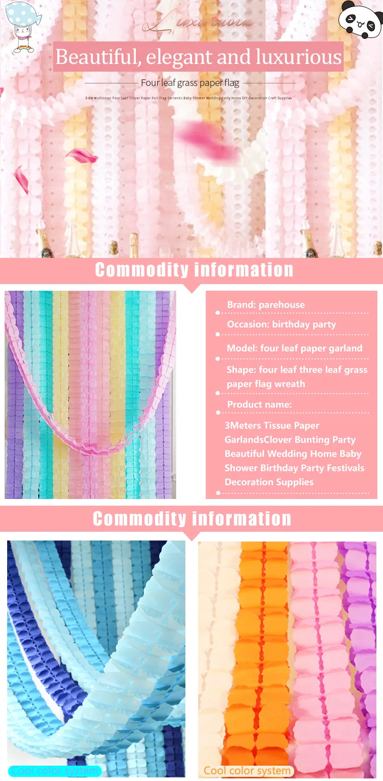 3.6M Four Leaf Clover Paper Tinsel Garlands for Baby Shower Wedding Birthday Party Backdrop Home DIY Decoration Craft Supplies