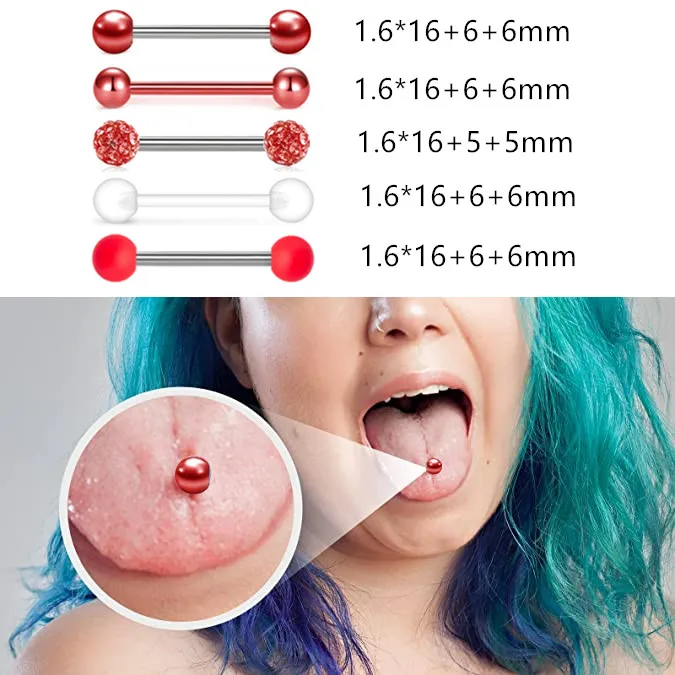 5PCS Acrylic Tongue Piercing Barbell Set Stainless Steel Glitter Tongue Rings Lot 14G Nipple Piercing Bar Bulk Piercing Langue