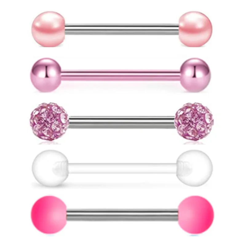 5PCS Acrylic Tongue Piercing Barbell Set Stainless Steel Glitter Tongue Rings Lot 14G Nipple Piercing Bar Bulk Piercing Langue