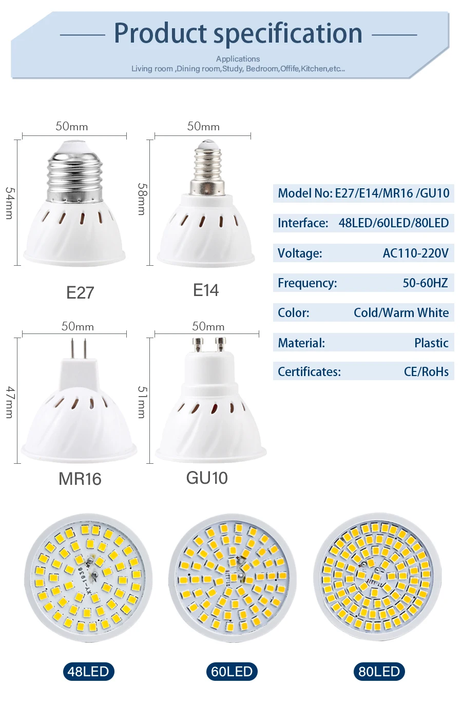 LED Bulb E27 E14 MR16 GU10 3W 4W 5W Spotlight 110V 220V 48 60 80 LED 2835 SMD Lampara for Home Lighting