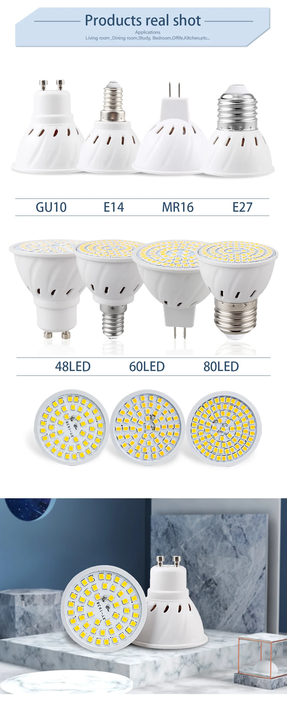 LED Bulb E27 E14 MR16 GU10 3W 4W 5W Spotlight 110V 220V 48 60 80 LED 2835 SMD Lampara for Home Lighting