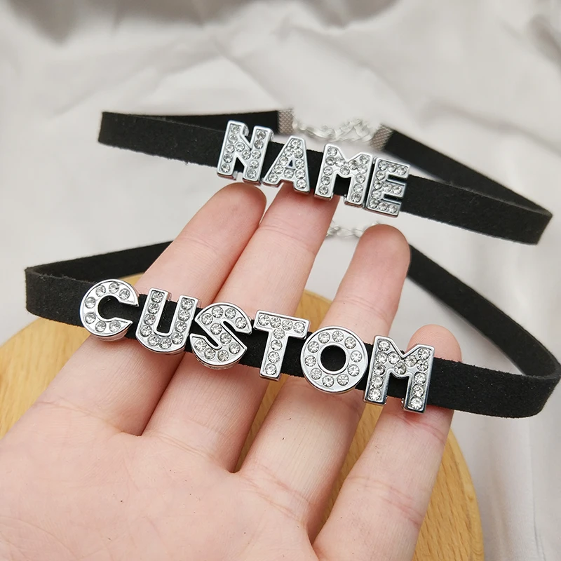 DIY Personalized Rhinestone Letter Custom Name Necklace Black Velvet Leather Choker Collar Neck Jewelry Friends Family Gifts