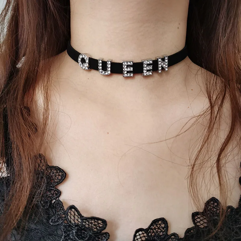 DIY Personalized Rhinestone Letter Custom Name Necklace Black Velvet Leather Choker Collar Neck Jewelry Friends Family Gifts