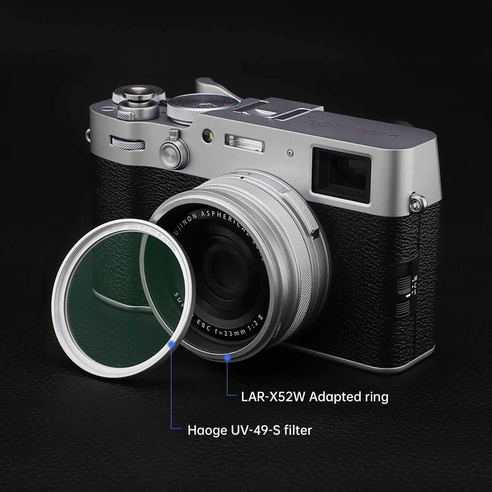 Haoge Lens Filter Adapter Ring for Fujifilm Fuji X100VI X100V Camera Fit 49mm UV CPL ND Filter Lens Cap Replace AR-X100 Black