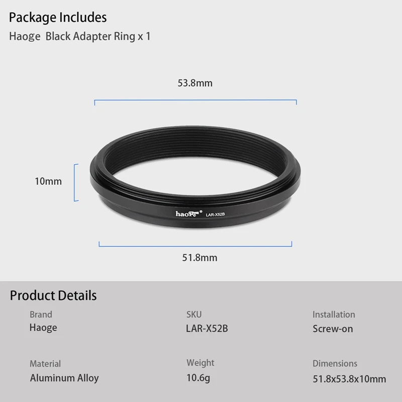 Haoge Lens Filter Adapter Ring for Fujifilm Fuji X100VI X100V Camera Fit 49mm UV CPL ND Filter Lens Cap Replace AR-X100 Black