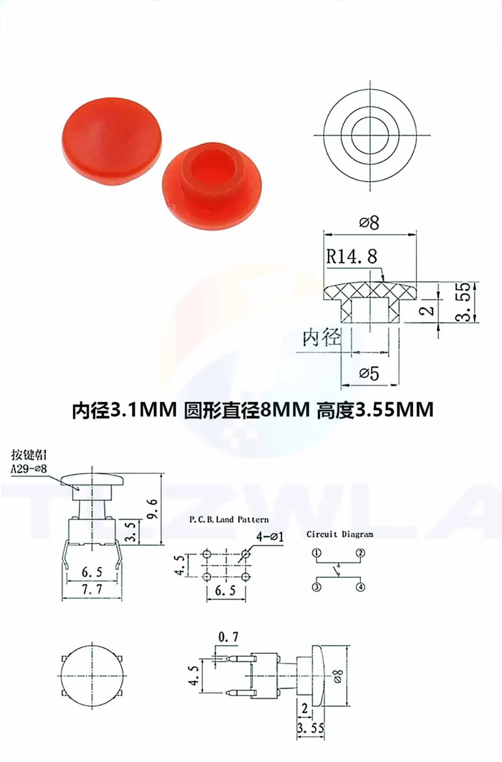 100Pcs Tactile Push Button Cap A29 Switch Button Hat Diameter 8mm Inner Hole id 3.1/3.2/3.4mm For 6 * 6 mm Tact Micro Switch