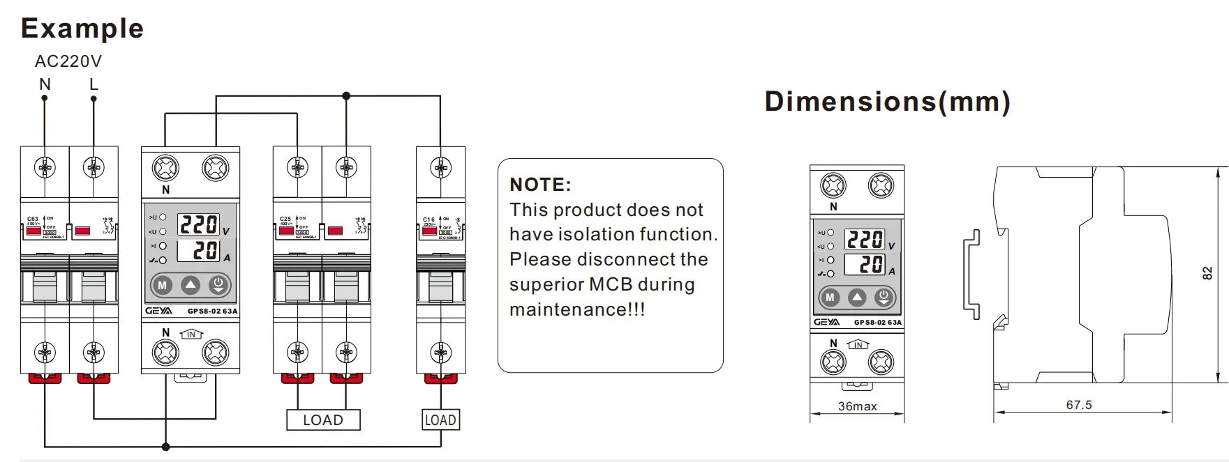 GEYA GPS8 Din Rail Over Current Protector Over Voltage Under Voltage Protective Device 40A 63A 80A 220VAC