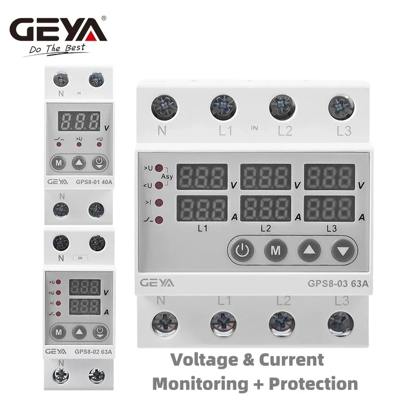 GEYA GPS8 Din Rail Over Current Protector Over Voltage Under Voltage Protective Device 40A 63A 80A 220VAC