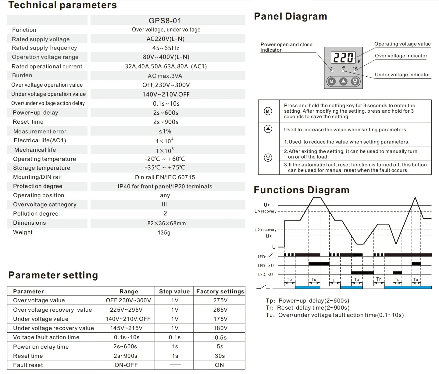 GEYA GPS8 Din Rail Over Current Protector Over Voltage Under Voltage Protective Device 40A 63A 80A 220VAC
