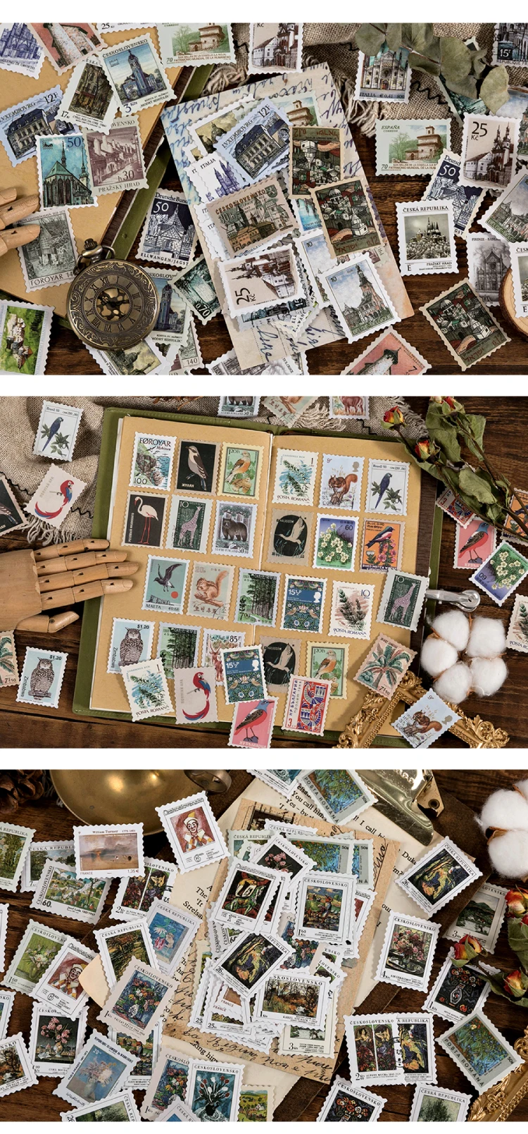Yoofun 46pcs/pack Vintage Stickers Postage Stamp Sticker Retro Museum Flower Plants Castle Label for Scrapbooking Journal DIY