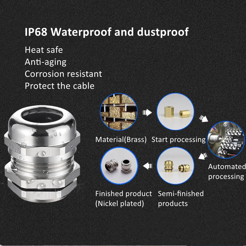 1piece Nickel Brass Metal IP68 Waterproof Cable Glands Connector Wire Glands For 3-44mm Cable High Quality M PG Cable Glands