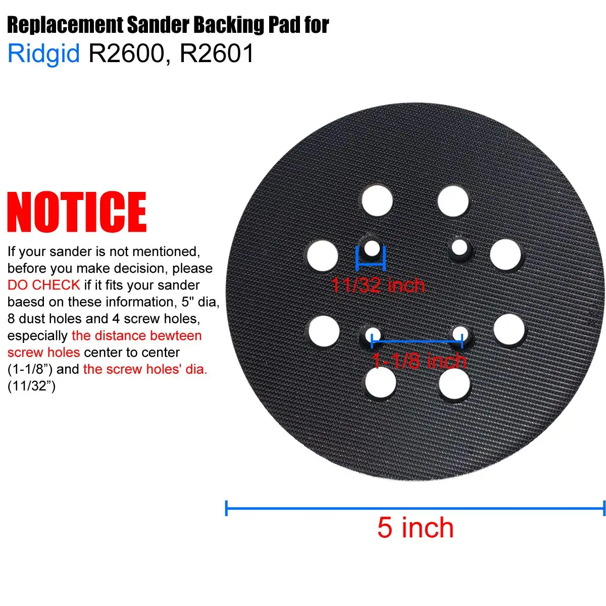 5 Inch 8 Holes Hook & Loop Sander Backing Pad Replacement Pad for Milwaukee 6021-21 Ryobi RS290 Craftsman 31511217