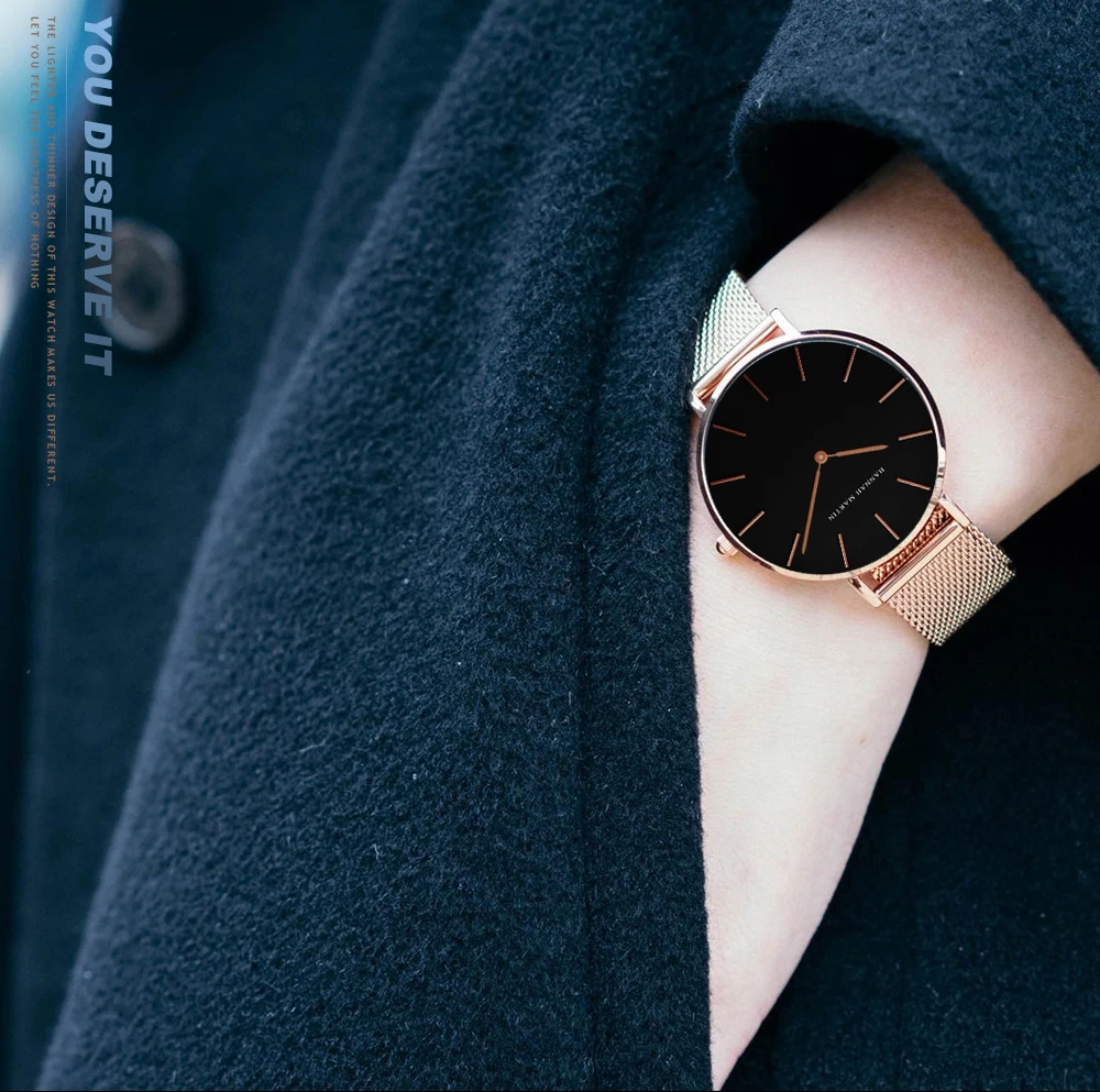HANNAH MARTIN 36mm Japan Movement Women Watch Stainless Steel Mesh Top Brand Minimalist Rose Gold Waterproof Quartz Women Watch