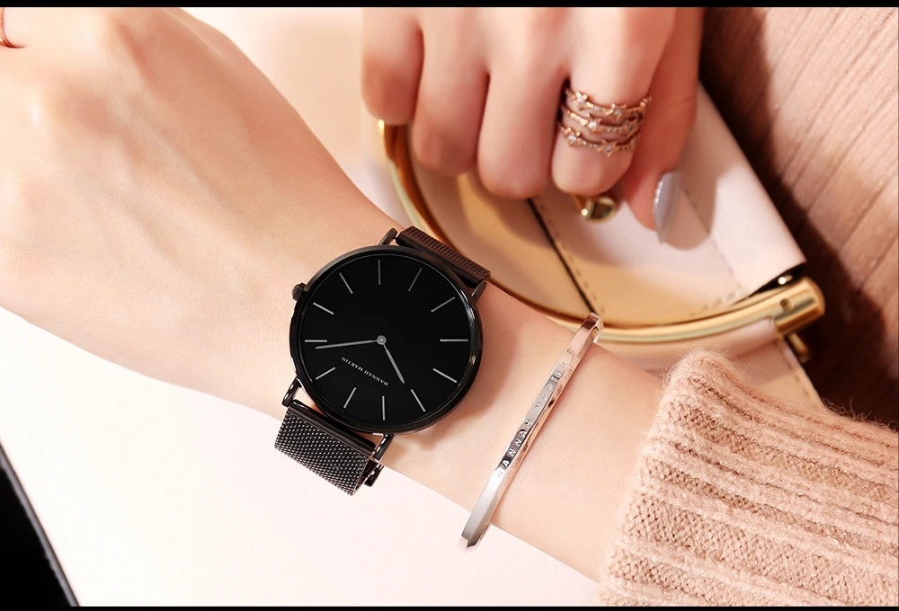 HANNAH MARTIN 36mm Japan Movement Women Watch Stainless Steel Mesh Top Brand Minimalist Rose Gold Waterproof Quartz Women Watch