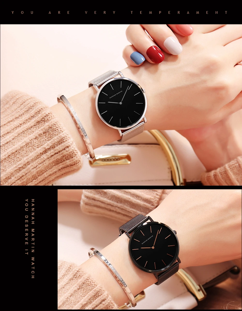 HANNAH MARTIN 36mm Japan Movement Women Watch Stainless Steel Mesh Top Brand Minimalist Rose Gold Waterproof Quartz Women Watch
