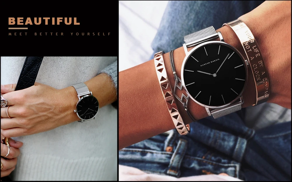 HANNAH MARTIN 36mm Japan Movement Women Watch Stainless Steel Mesh Top Brand Minimalist Rose Gold Waterproof Quartz Women Watch