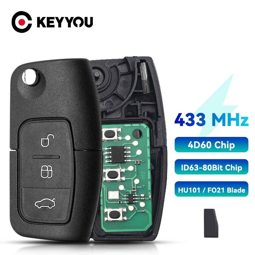 KEYYOU For Ford Fusion Focus Mondeo Fiesta Galaxy Uncut HU101 Blade 4D63/4D60 Chip Car Remote Key DIY 433MHz Vehicle Flip Key