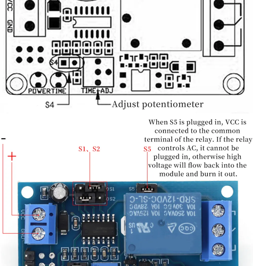 DC5V 12V Time Relay Module Normal Open Time Delay Relay Timing Timer Relay Control Switch Adjustable Potentiometer LED Indicator
