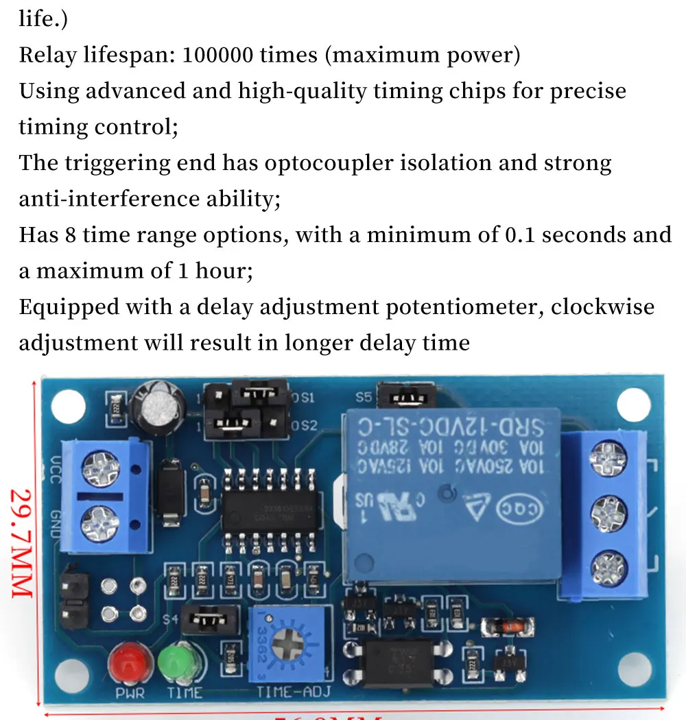 DC5V 12V Time Relay Module Normal Open Time Delay Relay Timing Timer Relay Control Switch Adjustable Potentiometer LED Indicator