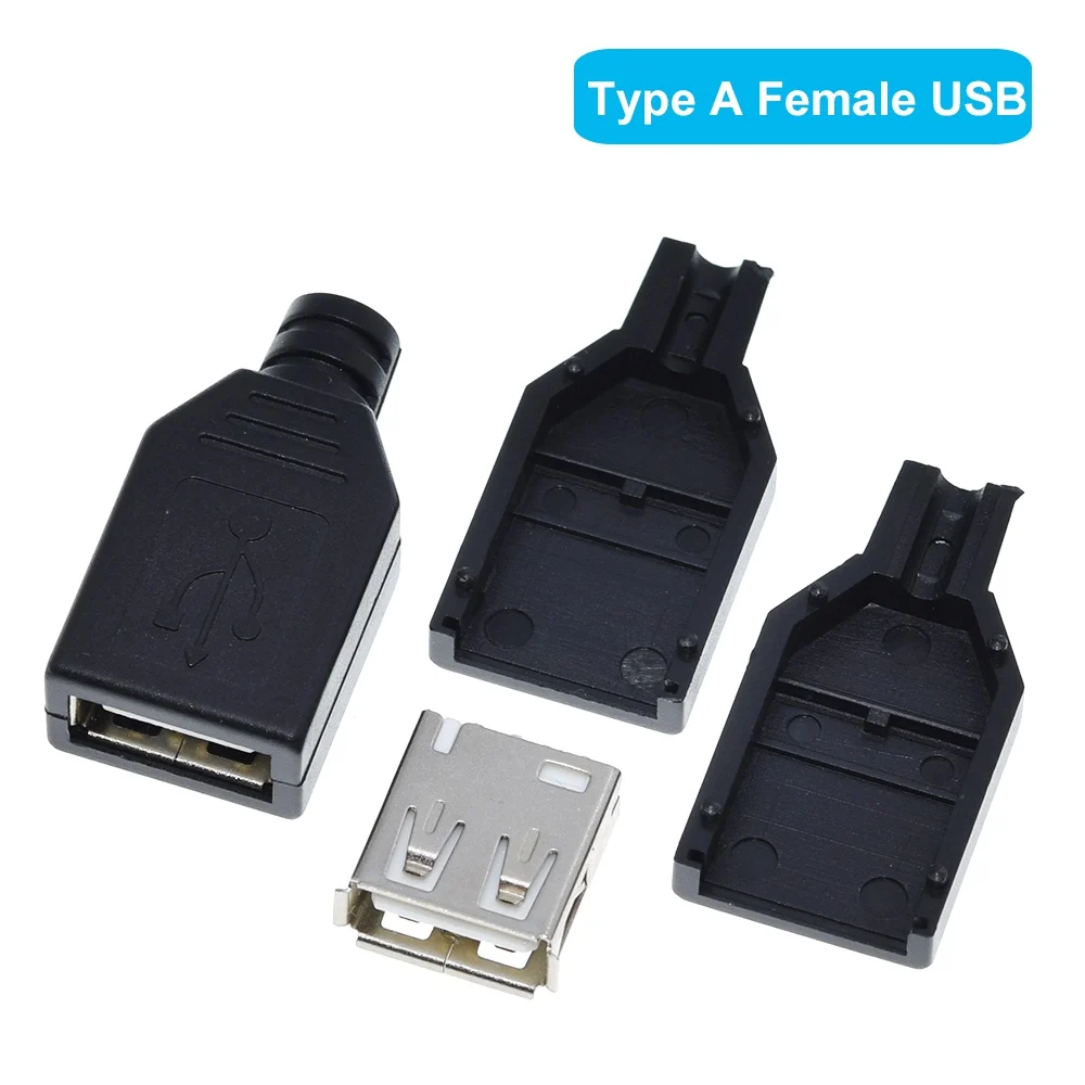 1/5Set Type A Male USB 4 Pin Plug Socket Connector +Type A Female USB 4 Pin Plug Socket Connector With Black Plastic Cover DIY