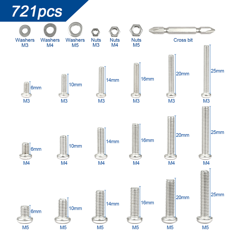 NINDEJIN 541/721pcs Cross Round Head Screw Assortment Kit M3 M4 M5 Phillips Machine Screw Set with Nut Washer Stainless Steel
