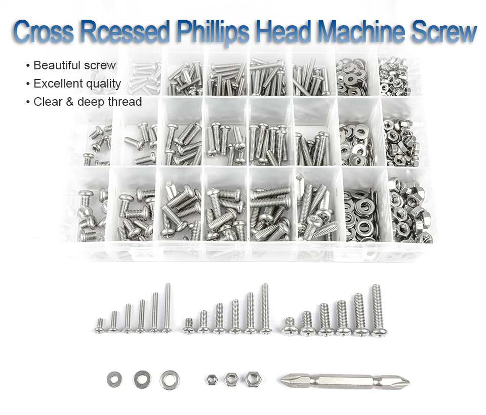 NINDEJIN 541/721pcs Cross Round Head Screw Assortment Kit M3 M4 M5 Phillips Machine Screw Set with Nut Washer Stainless Steel
