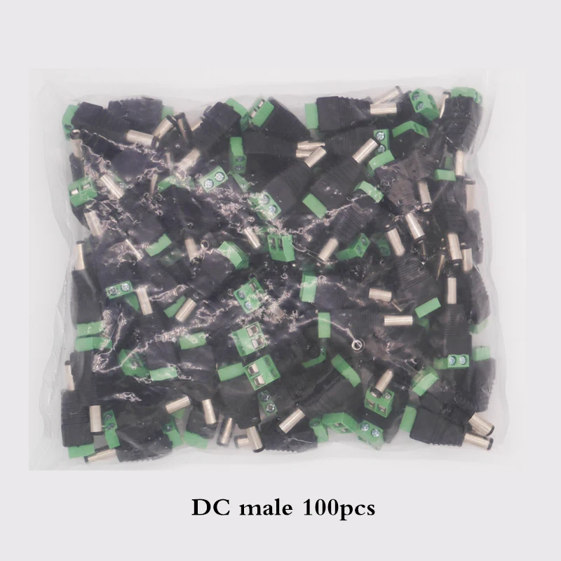 100pcs Male DC Connector 2.1*5.5mm Power Jack Adapter Plug Cable Easy Connector for CCTV Camera/3528/5050 LED Strip Light