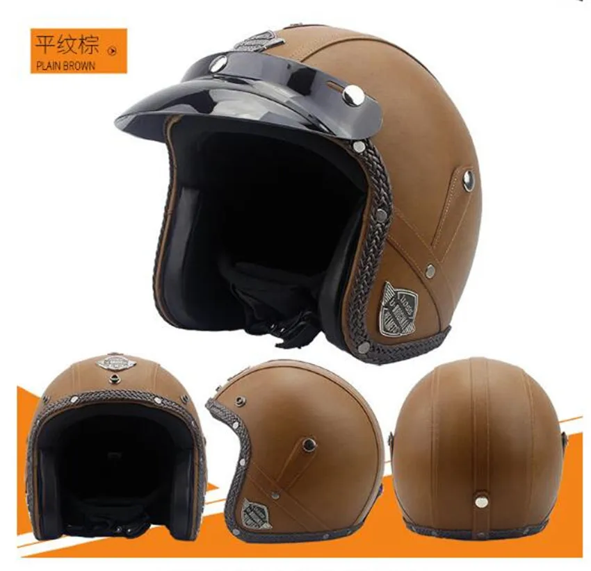 Retro Vintage Helmet Motorcycle 3/4 Open Face DOT Approved Visor PU Leather Casco Moto Helmet Motocross Helmets With Goggle Mask