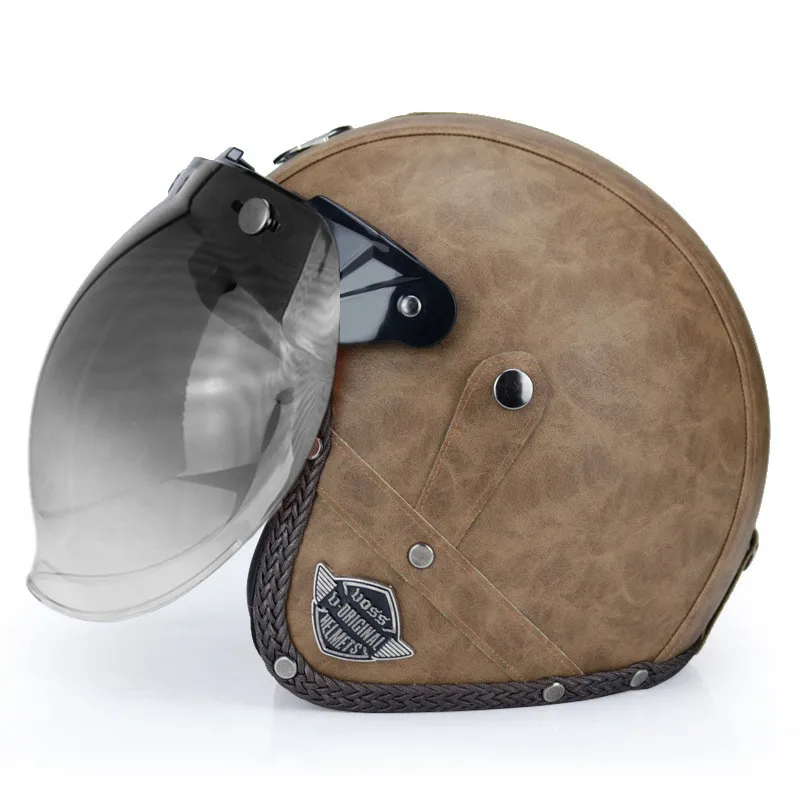 Retro Vintage Helmet Motorcycle 3/4 Open Face DOT Approved Visor PU Leather Casco Moto Helmet Motocross Helmets With Goggle Mask