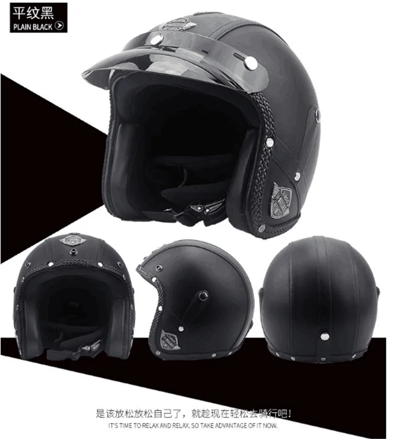 Retro Vintage Helmet Motorcycle 3/4 Open Face DOT Approved Visor PU Leather Casco Moto Helmet Motocross Helmets With Goggle Mask