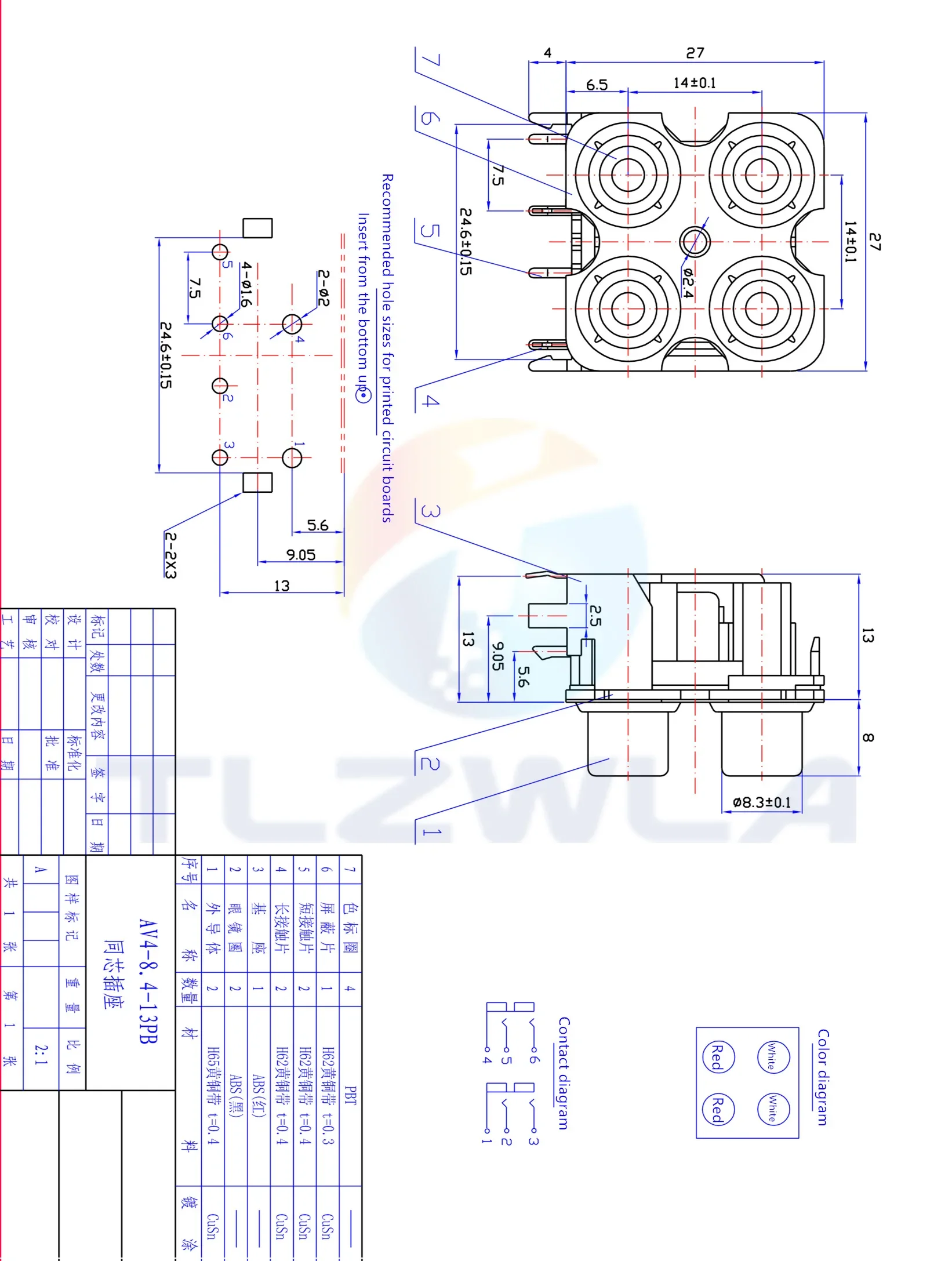 2PCS New 2P 4P 6P 8P RCA Female Audio Video Plug AV Connector Socket Connector AV2-8.4-13 Red PCB Parts