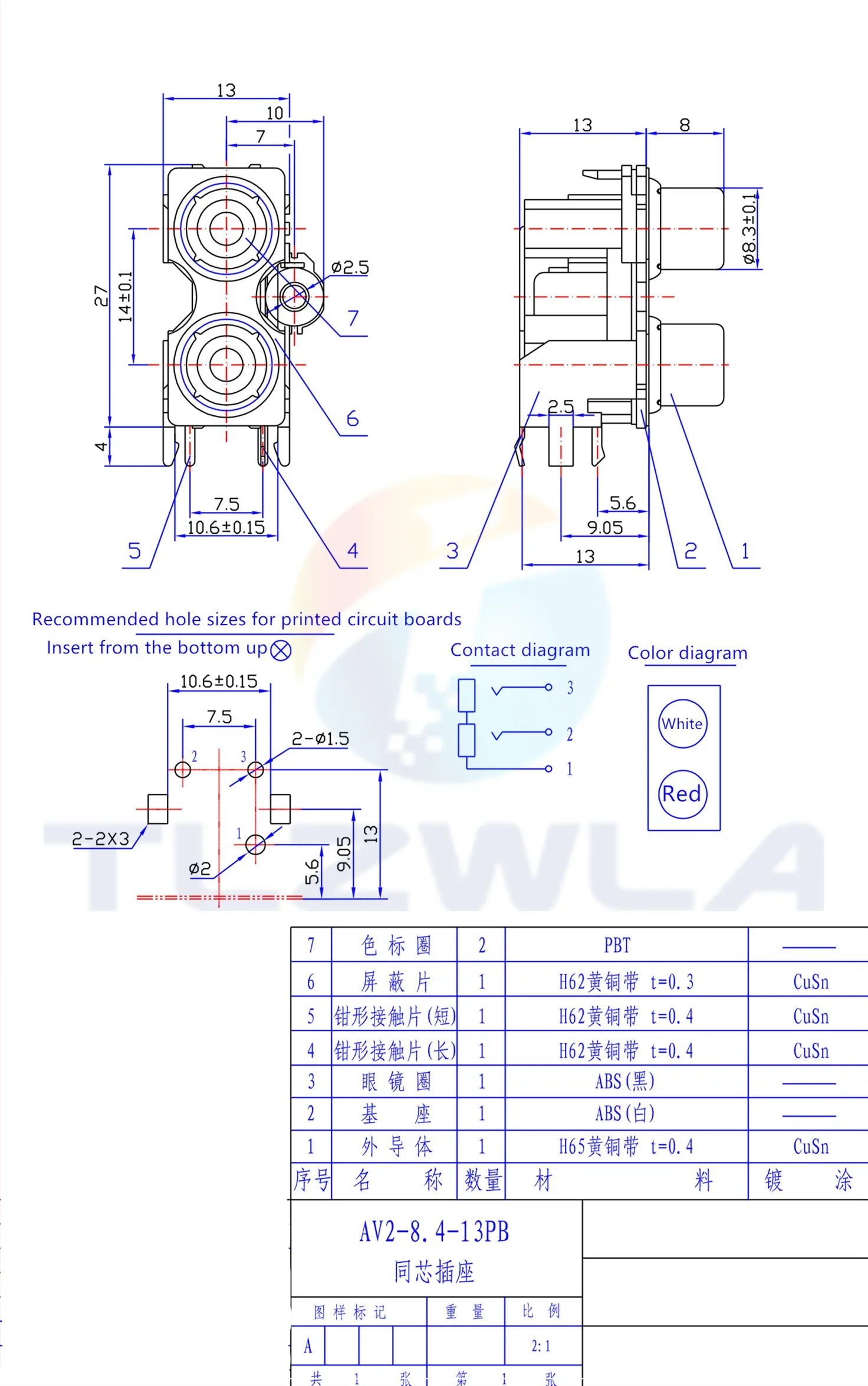 2PCS New 2P 4P 6P 8P RCA Female Audio Video Plug AV Connector Socket Connector AV2-8.4-13 Red PCB Parts