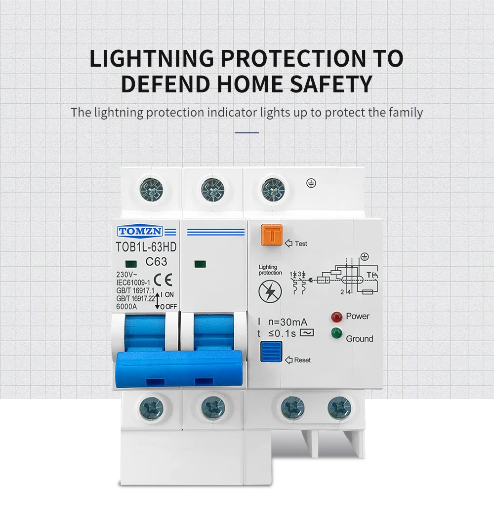 TOMZN Main Switch Residual Current Circuit Breaker With Surge Protector RCBO MCB With Lightning Protection SPD