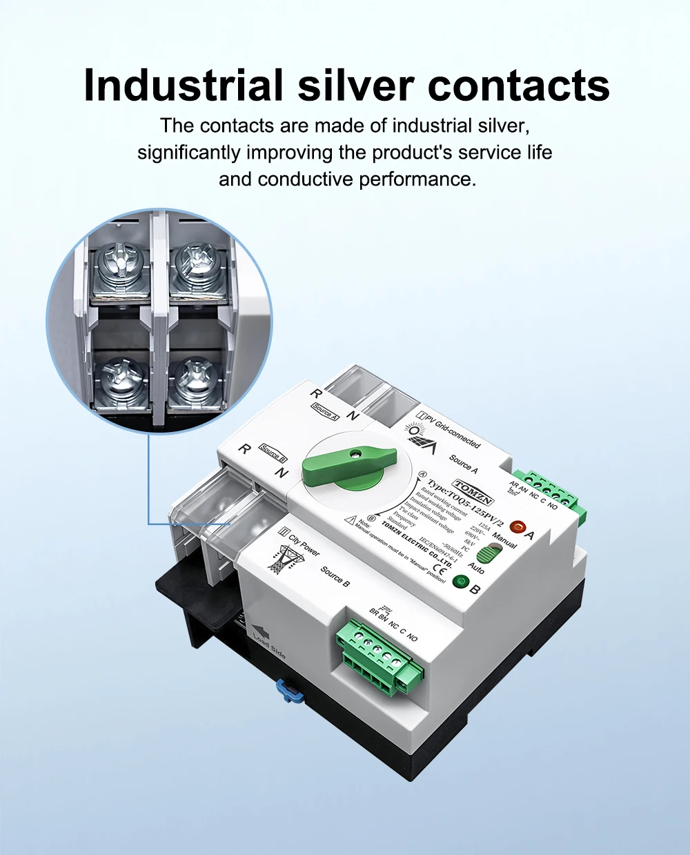 TOMZN Single Phase DIN Rail ATS PV And Inverter Dual Power Automatic Transfer Selector Switches Uninterrupted 2P 63A 100A 125A