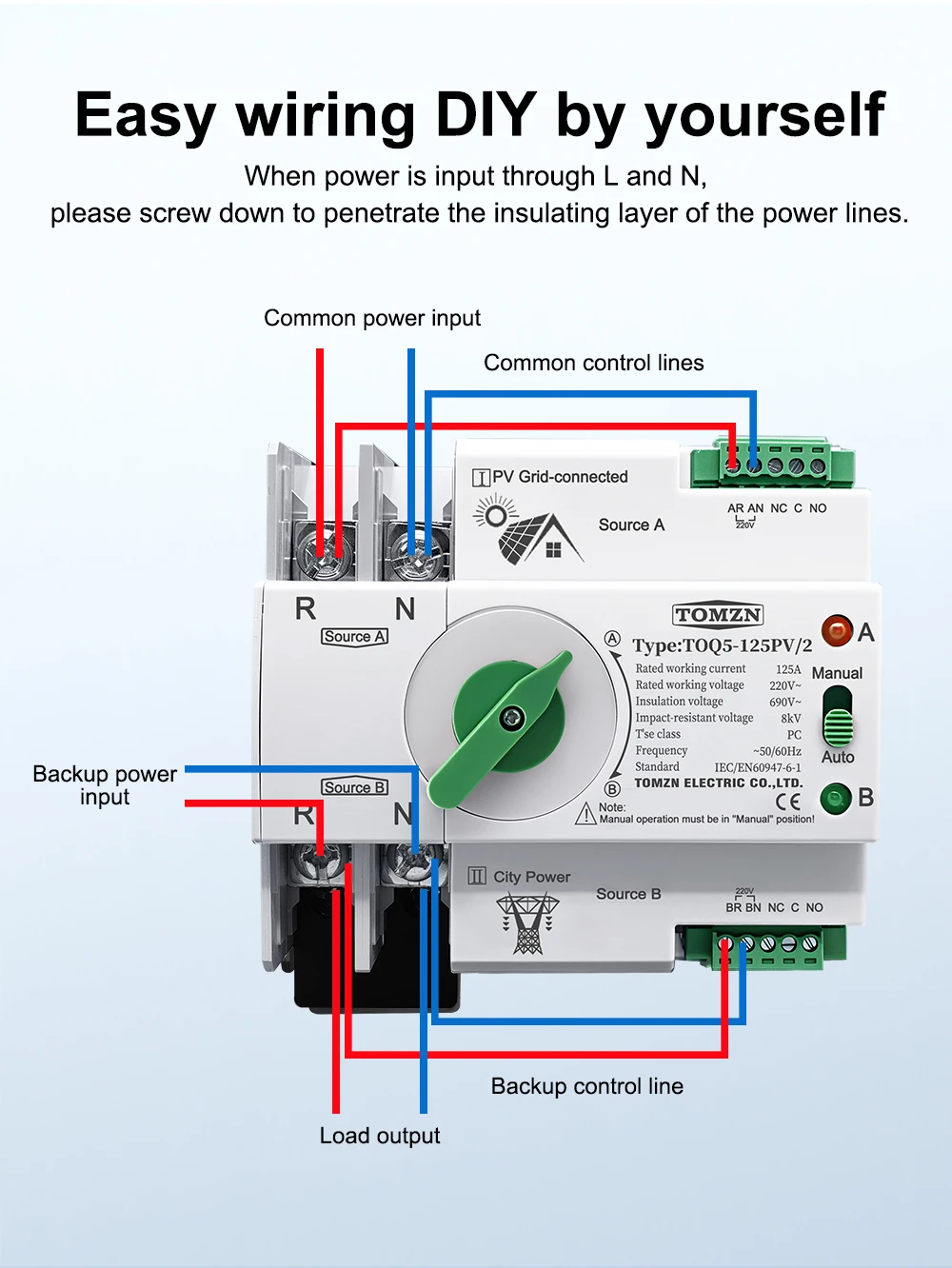 TOMZN Single Phase DIN Rail ATS PV And Inverter Dual Power Automatic Transfer Selector Switches Uninterrupted 2P 63A 100A 125A