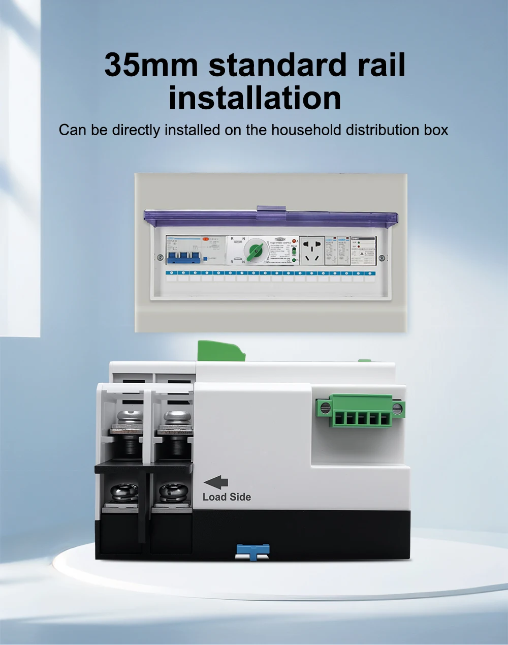 TOMZN Single Phase DIN Rail ATS PV And Inverter Dual Power Automatic Transfer Selector Switches Uninterrupted 2P 63A 100A 125A