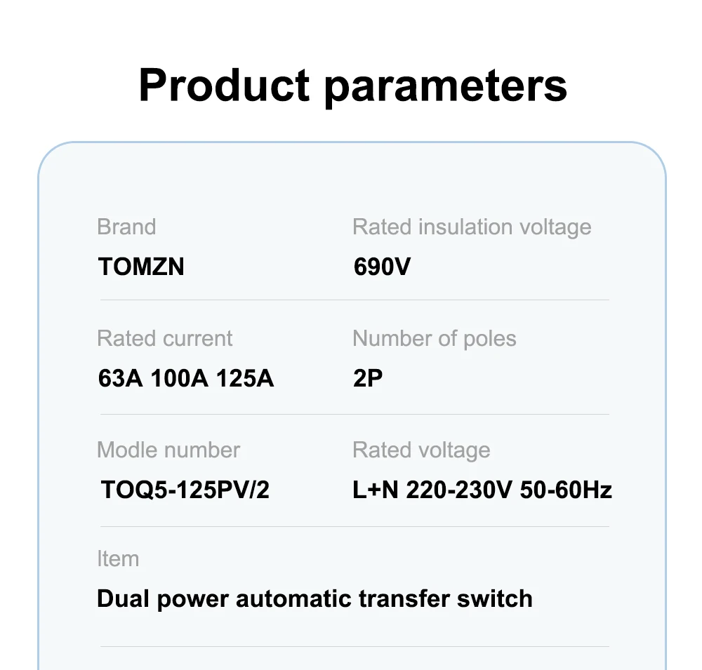 TOMZN Single Phase DIN Rail ATS PV And Inverter Dual Power Automatic Transfer Selector Switches Uninterrupted 2P 63A 100A 125A