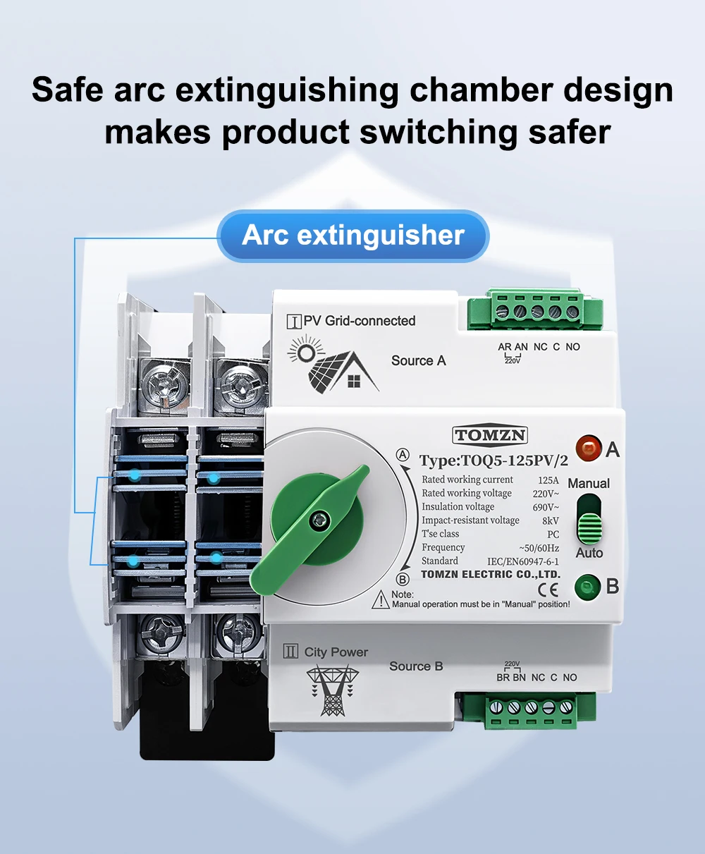 TOMZN Single Phase DIN Rail ATS PV And Inverter Dual Power Automatic Transfer Selector Switches Uninterrupted 2P 63A 100A 125A