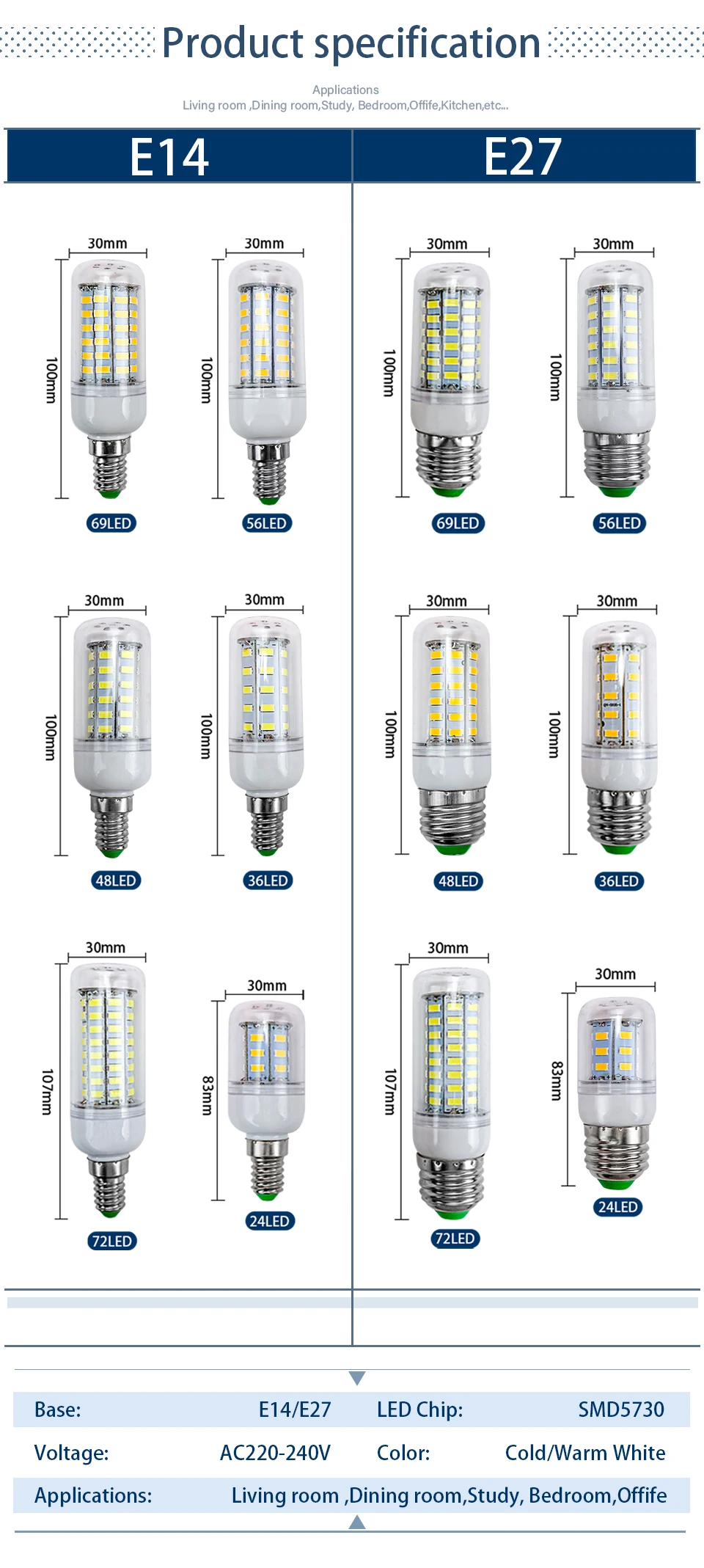 LED Lamp E27 E14 SMD 5730 220V Corn Bulb 24-72 LEDs Chandelier Candle Light for Home Decoration - Energy Efficient Lighting
