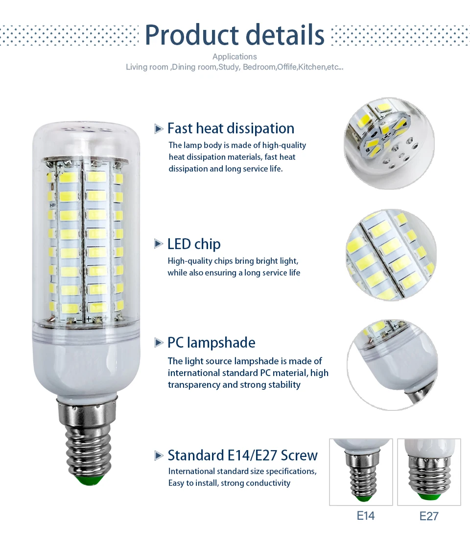 LED Lamp E27 E14 SMD 5730 220V Corn Bulb 24-72 LEDs Chandelier Candle Light for Home Decoration - Energy Efficient Lighting