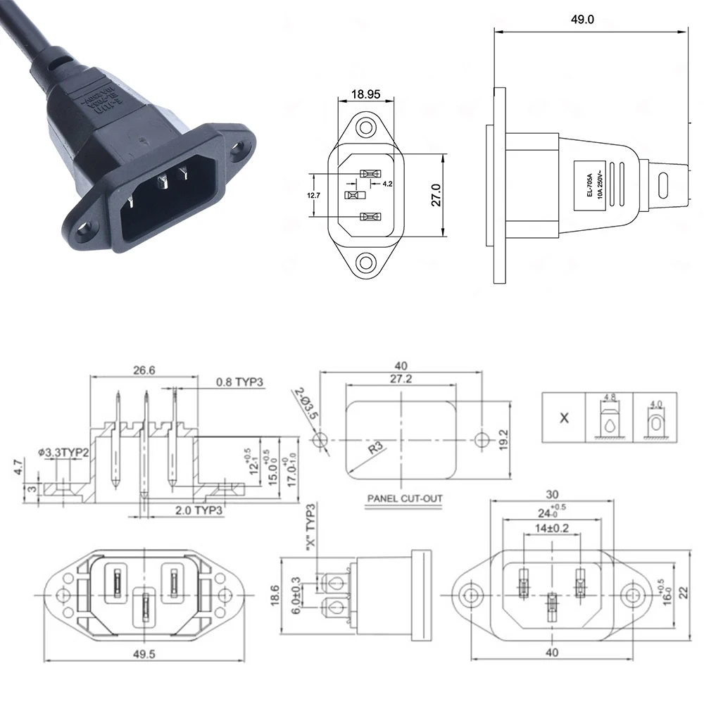 IEC320 C14 to C13 Extension cord C14 with screw holes and C13 Angled 30/60cm lenght H05VV-F 3G