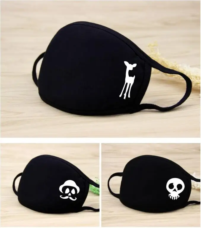 1PC Black Mask Cartoon Animal Mask Printed Handprint Dustproof Cycling Muffle Unisex Winter Thicken Cotton Half Face Mouth Mask