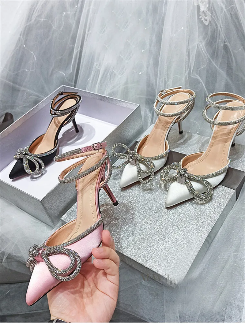Eilyken Style Glitter Rhinestones Silk Women Pumps Crystal Bowknot Satin Spring Autumn Lady High Heels Party Prom Shoes